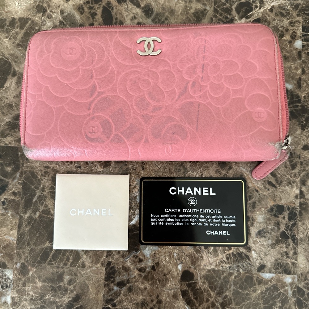 CHANEL Pink Floral Embossed Wallet